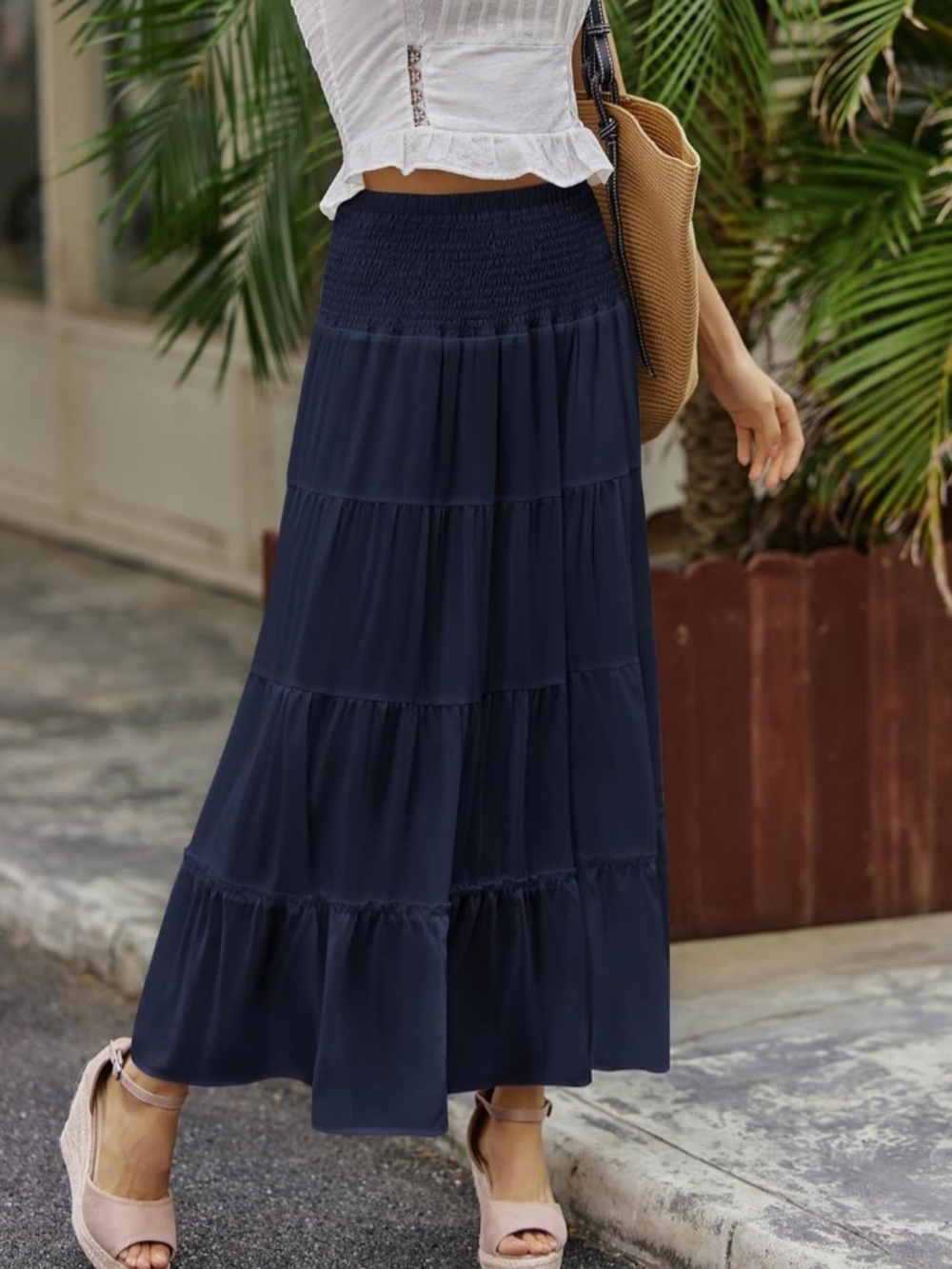 Smocked Waist Navy Tiered Maxi Skirt